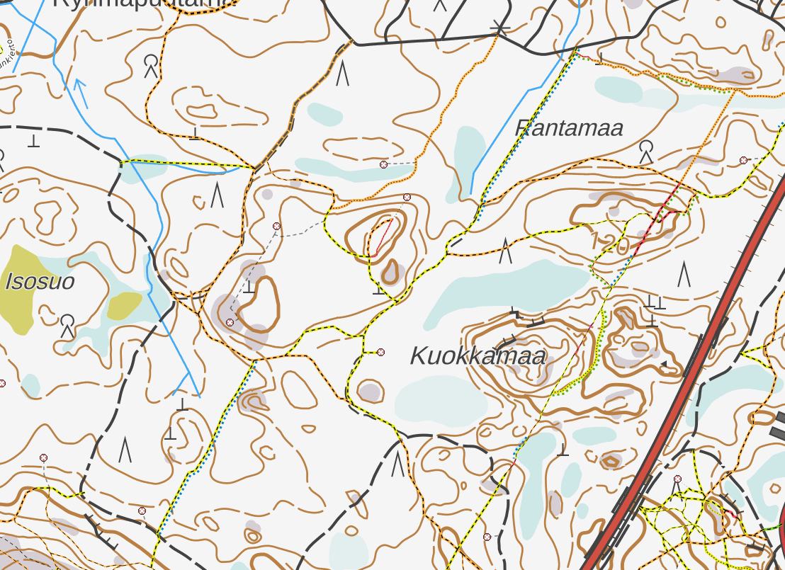 MML:n maastokartta OSM polkujen kera